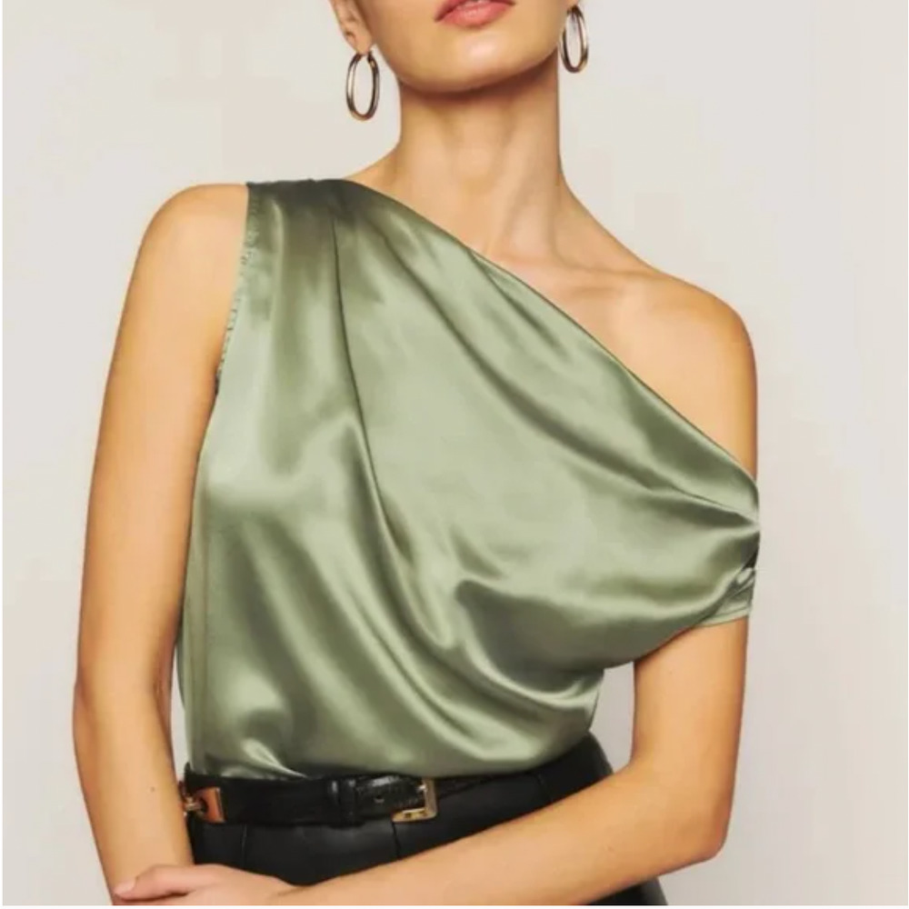 Reformation Olive Green One-Shoulder Blouse